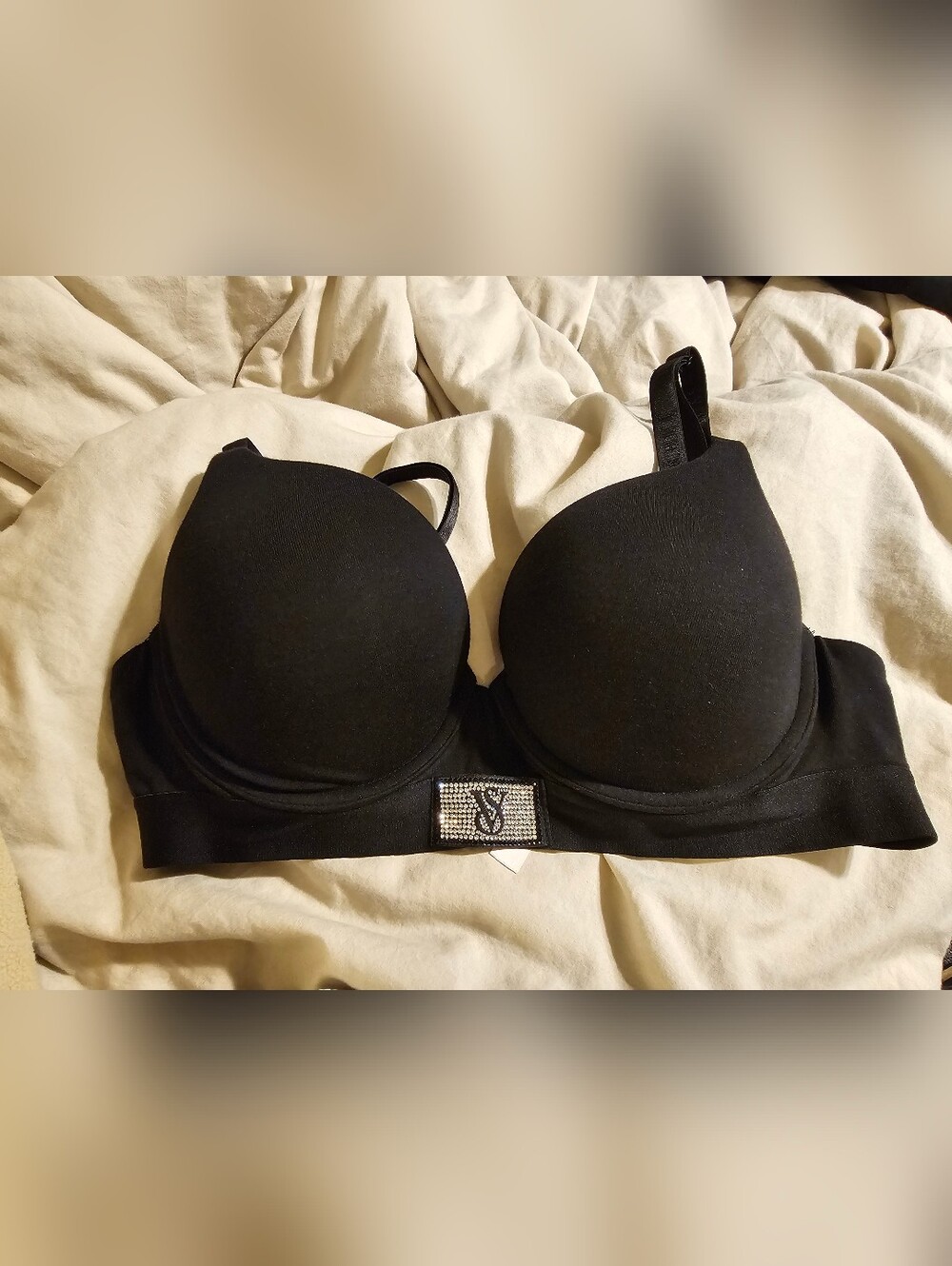 Victoria's Secret Black Padded Longline Bra with Rhinestone Emblem